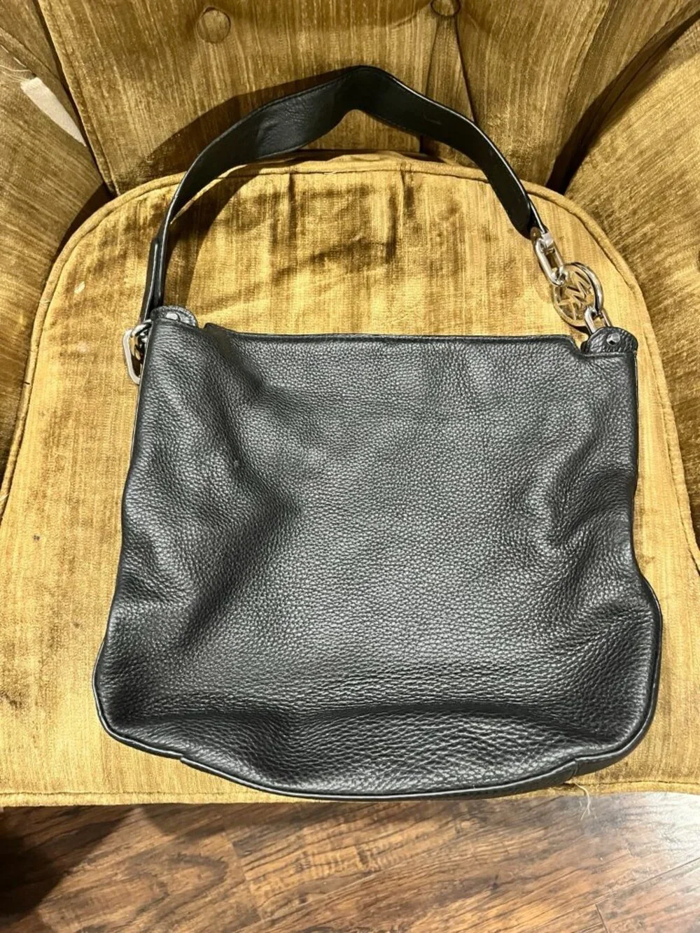 Michael Kors Black Pebbled Leather Hobo Shoulder Bag Silver Hardware 12x12x4